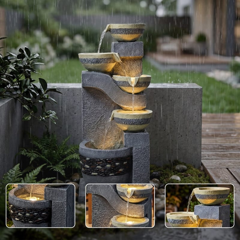 Stone-Texture Weather Resistant Garden Polyresin 3-Tier Cascading Waterfall Fountain