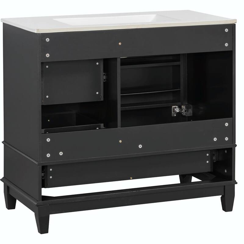 36" Bathroom Vanity with Ceramic Sink, MDF & Solid Wood Base, 3 Drawers and Cabinet with Shelves