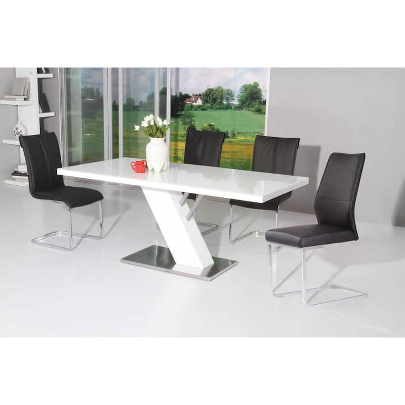 White Dining Table, Glass on the Lacquer Top w Stainless Steel Base - White