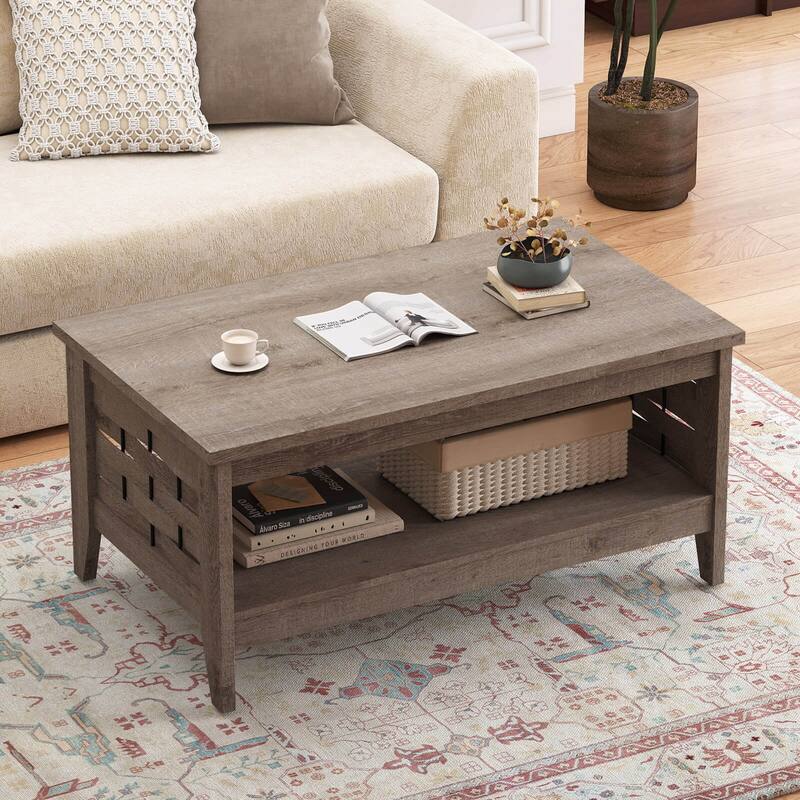 Costway 39.5” 2-Tier Coffee Table with Open Shelf Woven Decorations - See Details