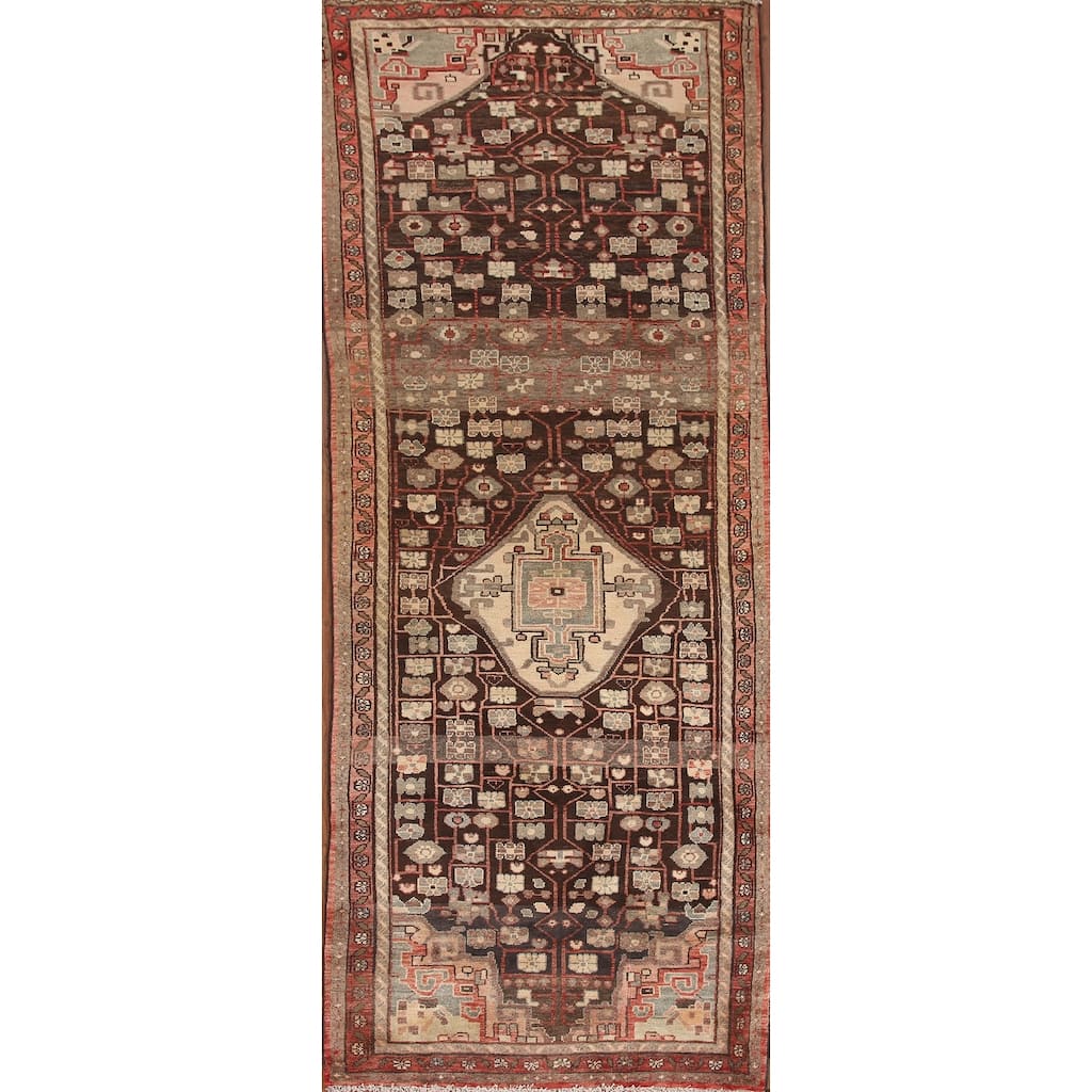 Hand Knotted Oriental 100% Wool Carpet Traditional Geometric Brown Malayer Runner Rug - 10' 0'' X 3' 9''
