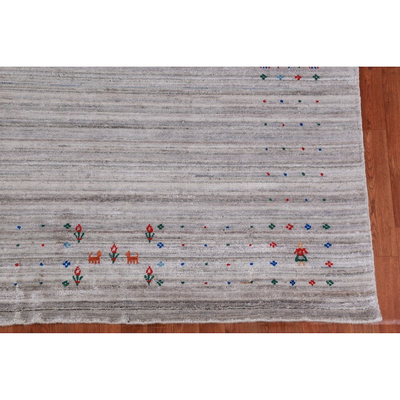 Hand Knotted Oriental Viscose Silk Carpet Tribal Stripe Greys & Charcoal Gabbeh Area Rug - 9' 11'' X 7' 10''