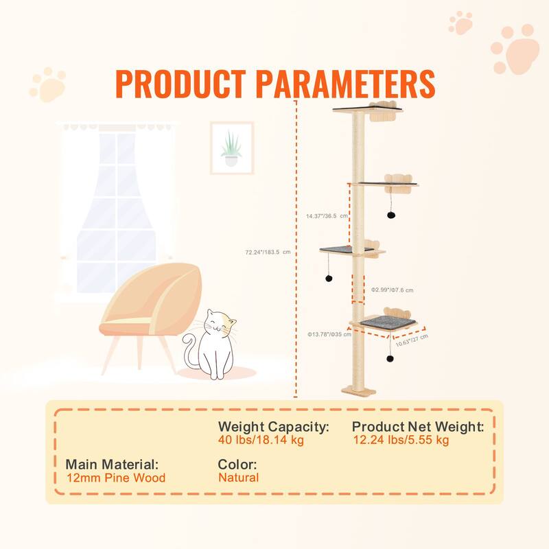 White Pine Wood Cat Wall Shelf with Posts, Pads & Climbing Boards