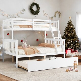 White Twin-over-Full Wood Bunk Bed Convertible Beds with Twin Size Pull-Out Trundle for Guest Room
