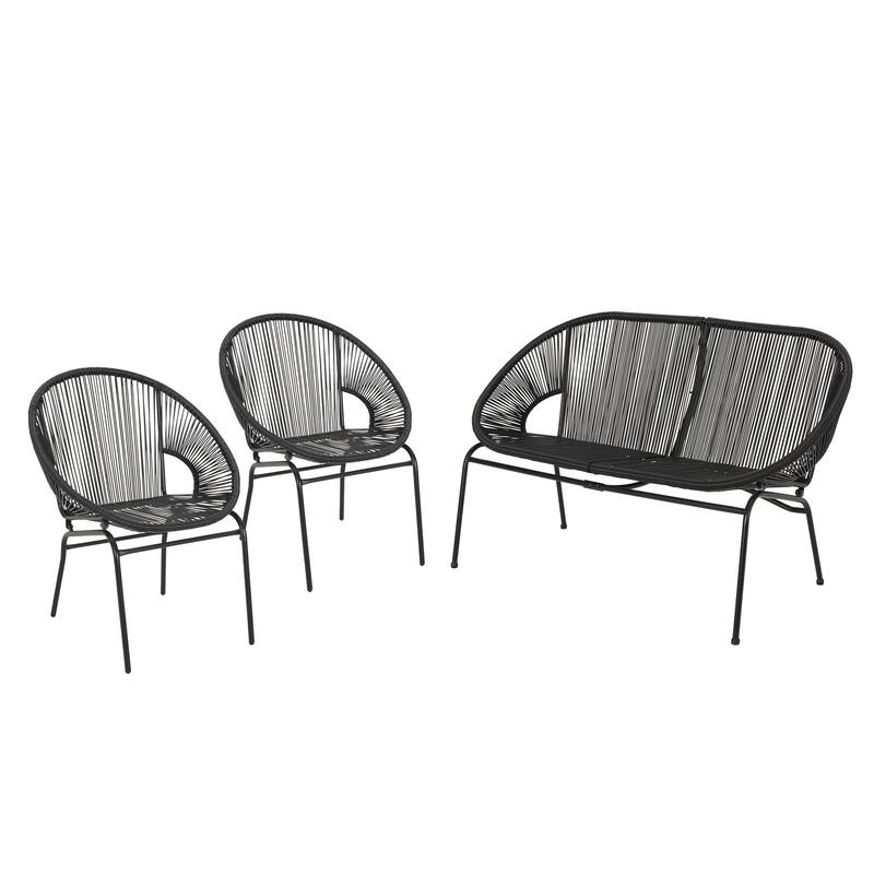Roomfitters Nusa Outdoor Chat Set 3 Piece Handwoven Faux Wicker Iron Frame - 3 Piece Set - Black