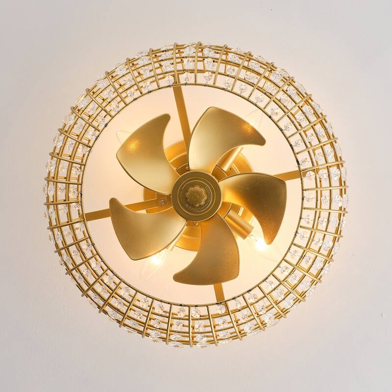 20" Modern Gold Caged 4-Light Crystal Low-Profile Flush Mount Ceiling Fan with Remote