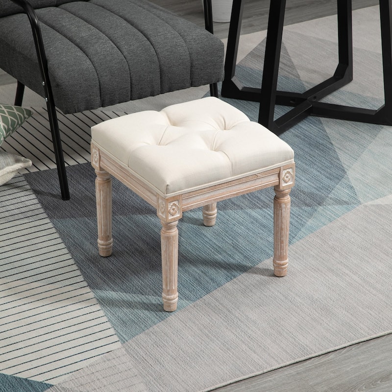 Upholstered Foot Stool with Button-Tufted Linen Cushion and Fluted Wooden Legs for Living Room
