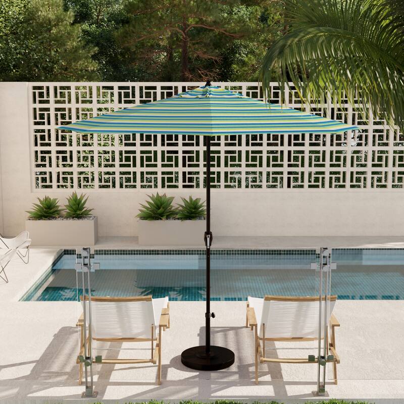 California Umbrella 9' Rd. Crank Lift Auto Tilt 8 Rib Aluminum Patio Umbrella, Bronze Finish, Sunbrella Spectrum Cilantro Fabric - Seville Seaside