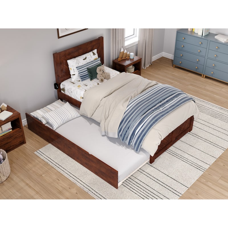 Twin Platform Bed with Trundle & Headboard Footboard - Walnut Finish Bedroom Furniture