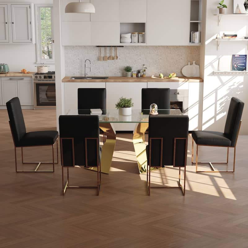 Luxury Gold Dining Table Set with 63 inch Glass Dining Table and White Leather Dining Chairs