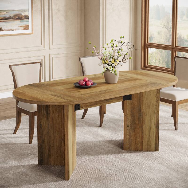 63 Inches Rustic Oval Dining Table, Sturdy MDF Farmhouse Kitchen Table with Metal Strip Base - Brown