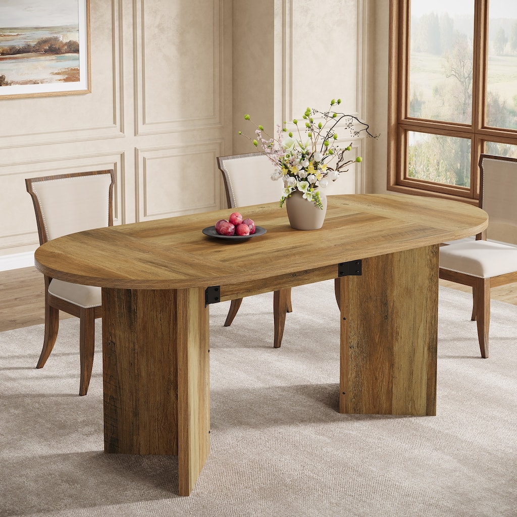 63 Inches Rustic Oval Dining Table, Sturdy MDF Farmhouse Kitchen Table with Metal Strip Base