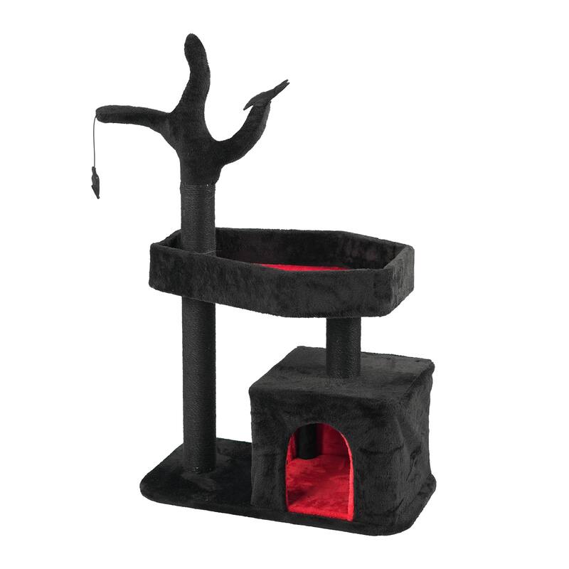 44" Gothic Cat Tree Tower with Condo, Coffin, Scratching Posts & Toys - 26.8 x 15.7 x 44.5 In