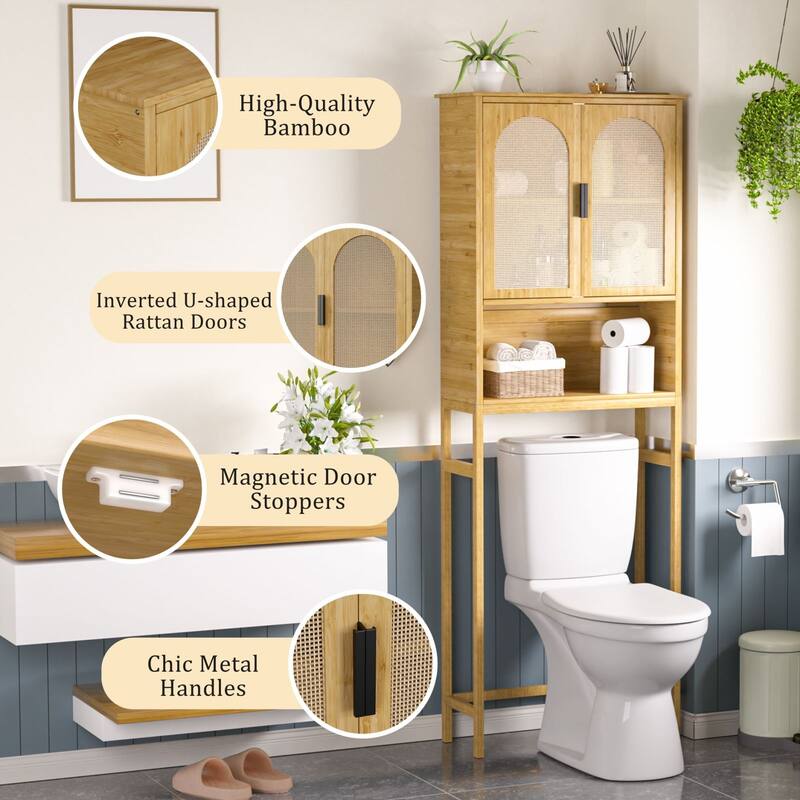 VEIKOUS Bamboo Over the Toilet Storage Cabinet with Rattan Doors