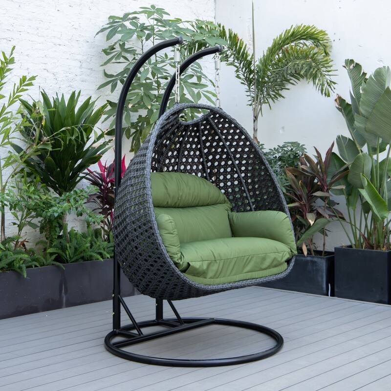 Patio 2-Person Hanging Egg Swing Chair Charcoal Wicker and Iron Frame Breathable Removable Cushion Covers by LeisureMod
