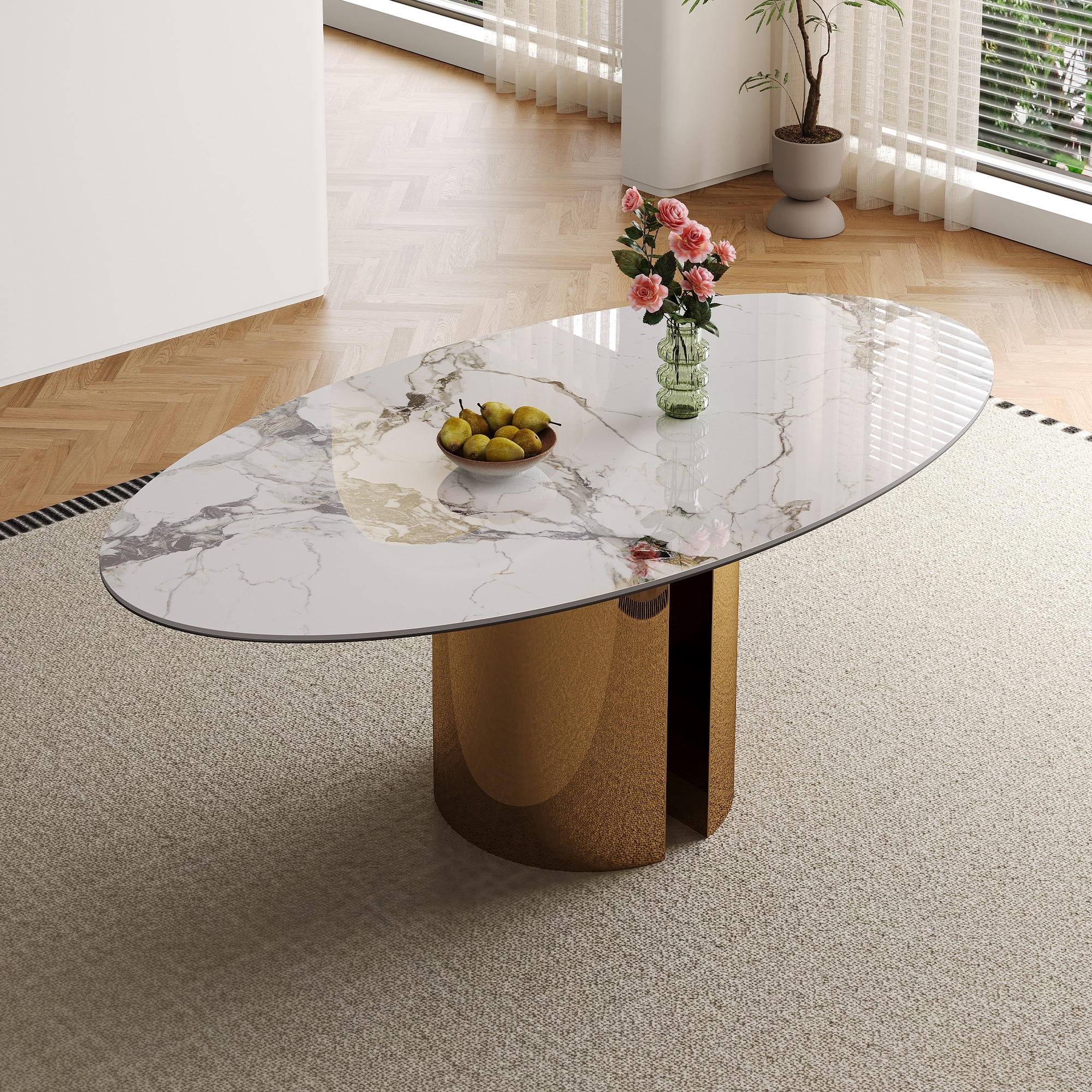 70.9" Sintered Stone Oval Dining Table with Copper-Colored Stainless Steel Base