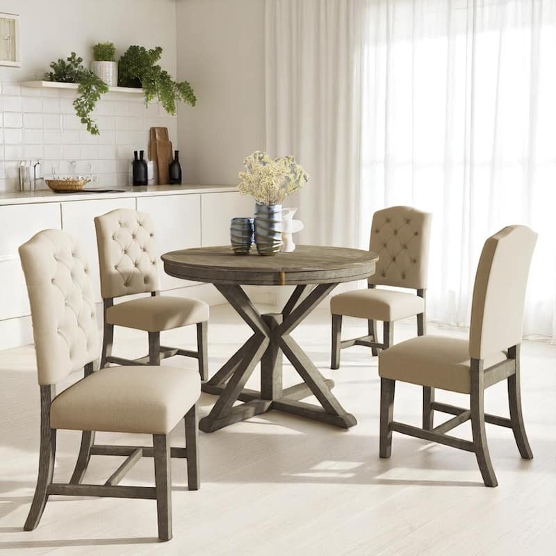 Farmhouse Style Dining Set with Extendable Oval Table and Fabric Chairs, 5-Piece Wood Dining Set