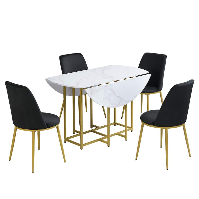 5-Piece Extendable Kitchen Dining Table Set- Round Faux Marble Top, 4 Upholstered Chairs, Compact Foldable Design