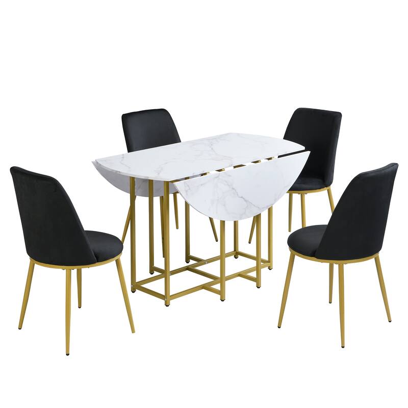 Roomfitters Space-Saving 5-Piece Extendable Dining Table Set with Round Faux Marble Top, 4 Upholstered Chairs
