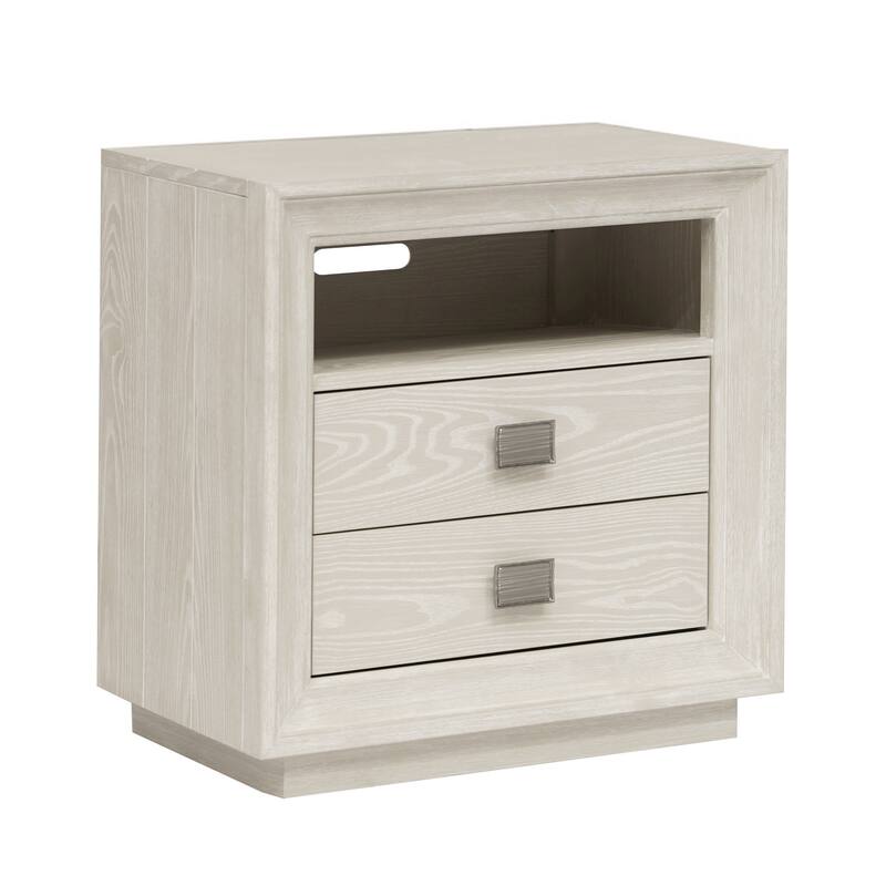 Maxi 28 Inch Nightstand, 2 Drawers, USB Charger, Metal Handles, Beige Wood