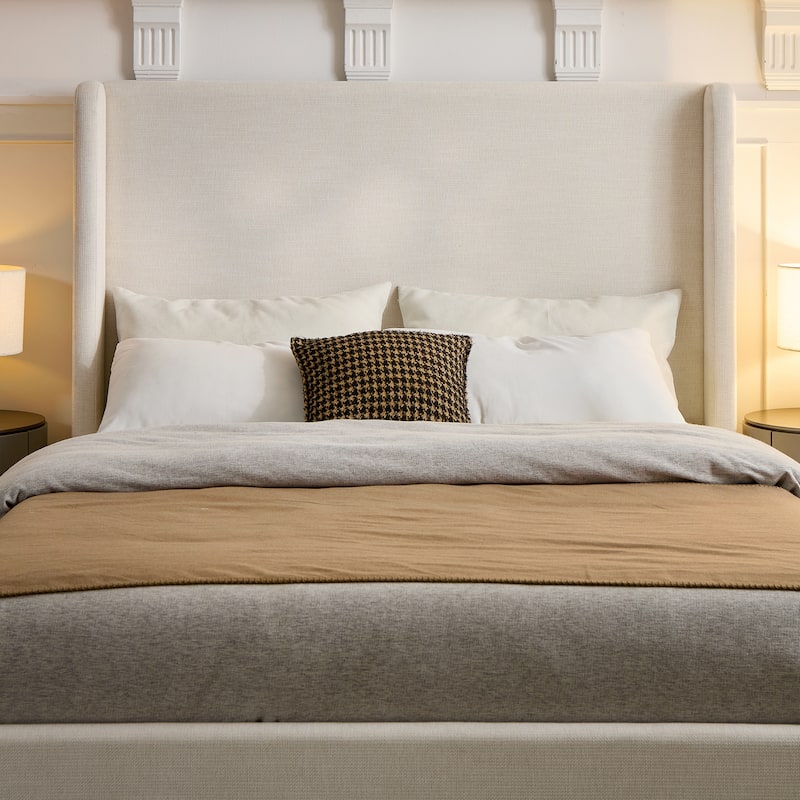 Christopher Knight Home - Carmen Upholstered Wingback Platform Bed Frame, Textured Ivory Chenille, No Box Spring Needed