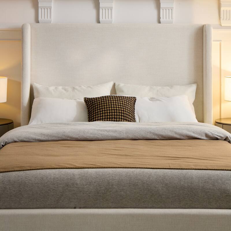 Upholstered Wingback Bed / Upholstered Platform Bed Frame / 54" High Headboard / No Box Spring Needed / Easy Assembly / Queen