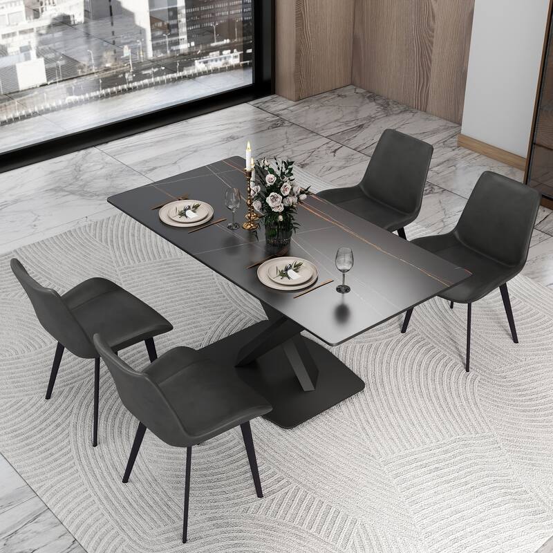 63" Dining Table for 6 with Sintered Stone Tabletop and with X-Shape Carbon Steel Pedestal - Black