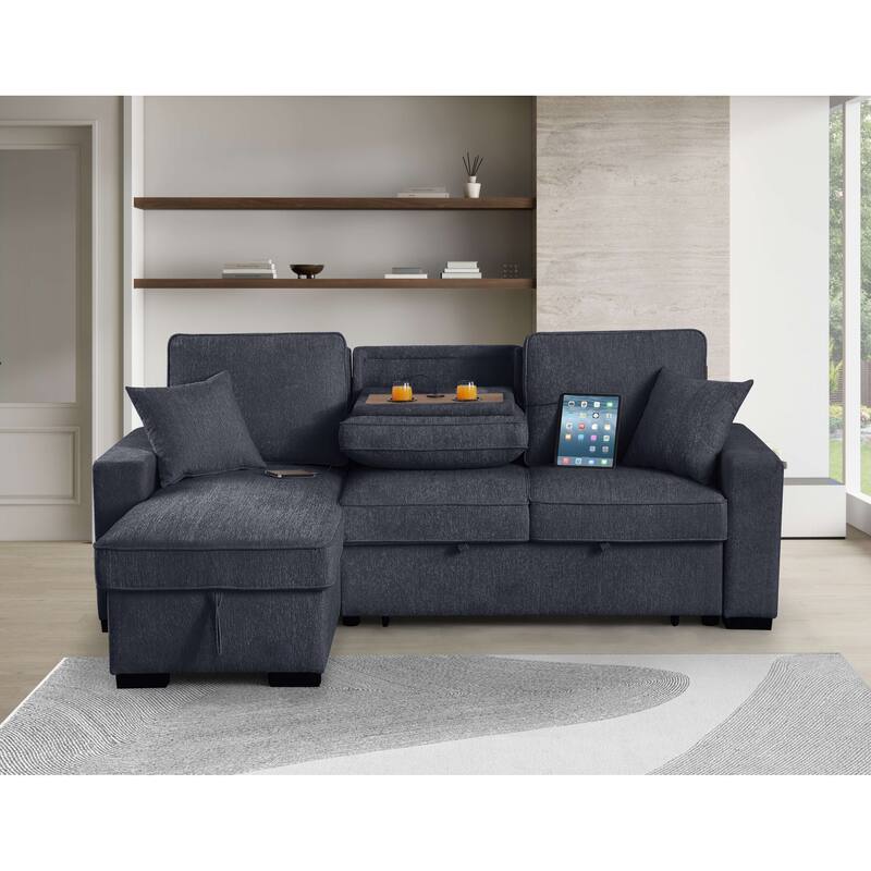 Chenille Reversible Sectional Sofa Convertible Pull Out Couch Bed