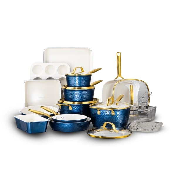 Gotham Steel Pro Hammered 20 Piece Ceramic Nonstick Induction Cookware and Bakeware Pots and Pans Set - Navy
