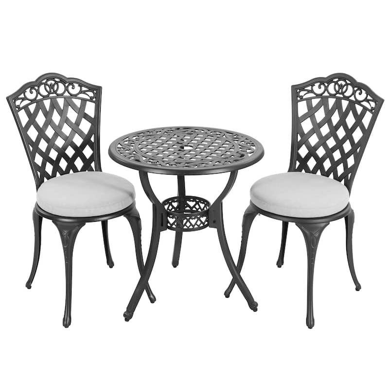Patio 3-Piece Cast Aluminum Bistro Set with Cushions, Umbrella Hole