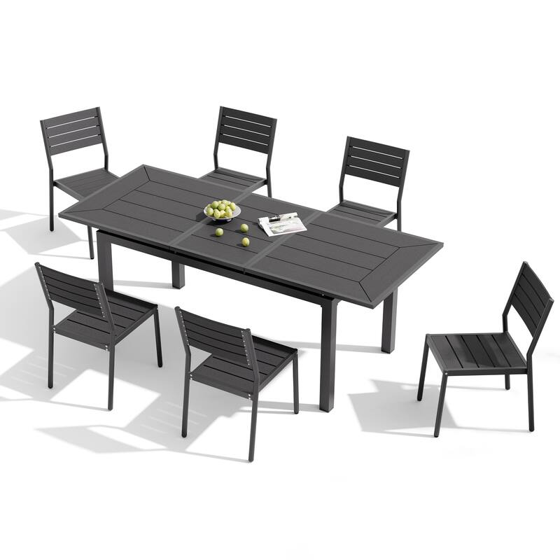 7PC Pellebant Outdoor Patio Aluminum Expandable Dining Table WPC Top with Stackable Chairs