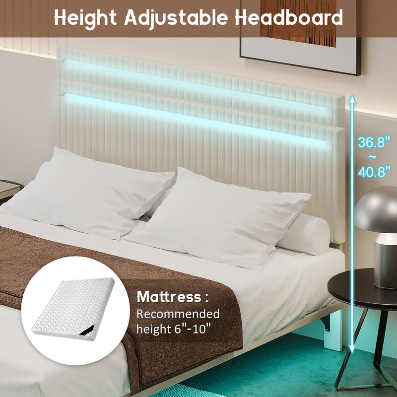 Modern Upholstered Floating Bed Frame with LED Lights, Vertical Channel Design Velvet Fabric Bed, Queen Size, Beige