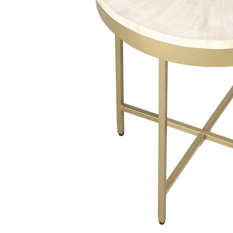 Sevita Alaric Round Bone Inlay and Gold Steel Cross-Leg End Table, 20" W x 22" H - 20" L x 20" W x 22" H