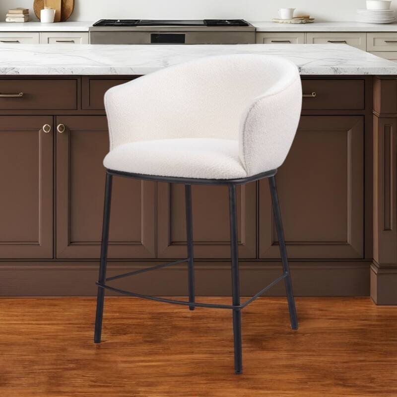 26-Inch Bucket Seat Counter Stool in Ivory Shearling with Arms and Back Black Powder Coated Steel Legs - 37”H x 24.4”W x 24”D