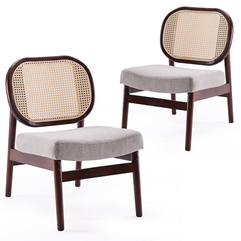 Rattan Accent Chair, Upholstered Living Room Chair with Rattan Back & Wood Frame, Mid-Century Modern Reading Chair