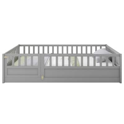 Gray Pine Full Size French Bed with High Fence, Door Opening for Easy Access, Safe Play Area