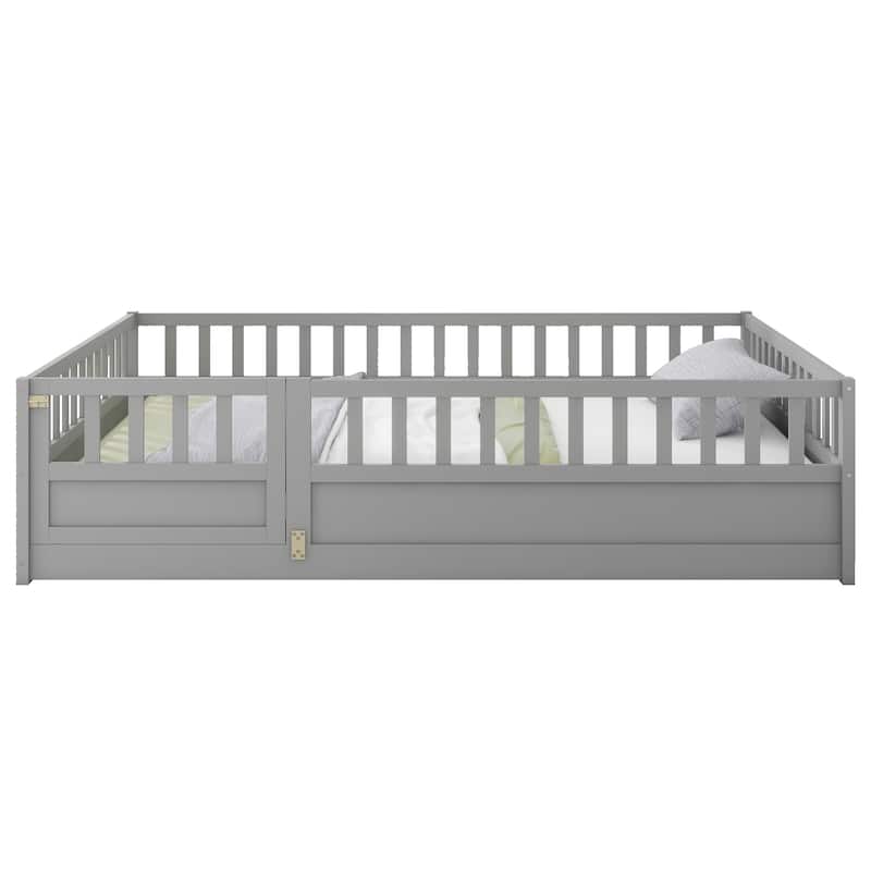 Grey Full Size Pine Wood Floor Bed, Integral Construction with Super High Security Barrier, Door, Children's Floor Bed Frame