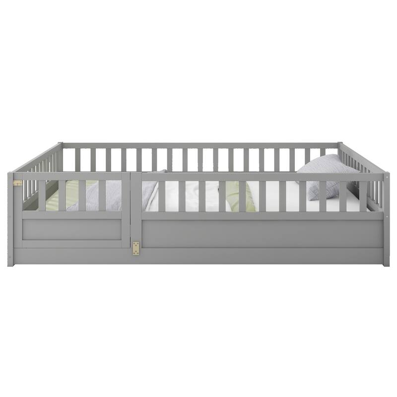 Montessori Wooden Floor Bed for Kids, Full/Twin Size with High Guardrails and Door, Easy Assembly