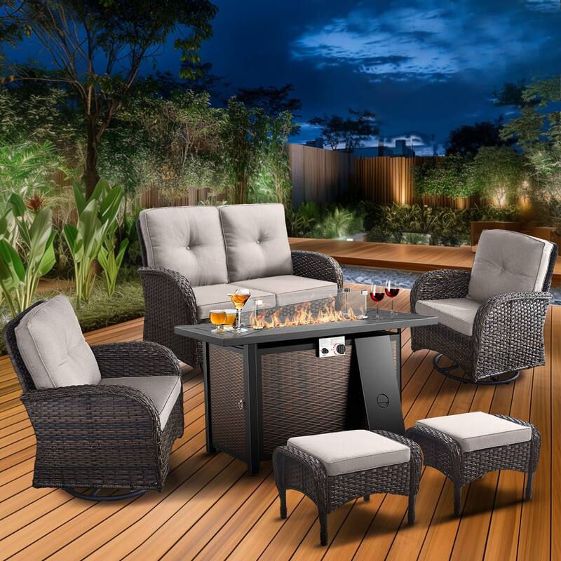 Pocassy Outdoor Fire Pit Conversation Sofa Set - Brwon Wicker Beige Cushion - 7PCS Fire Table w/ Loveseat Swivel Chair Ottoman