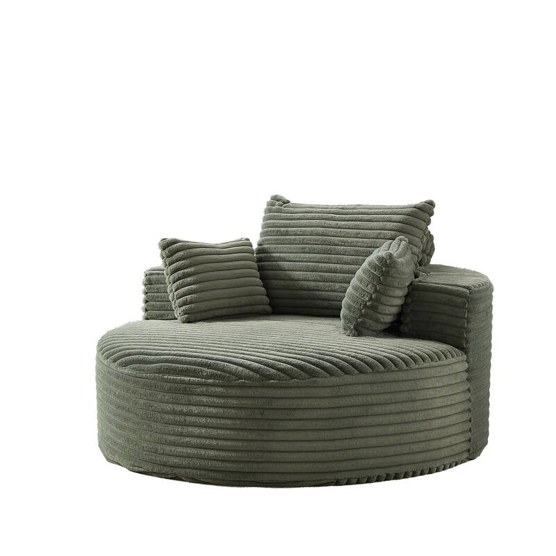 Oversized Round Chaise Lounge Corduroy Upholstered Single Sofa Chair with Cylindrical Neck Pillow and Integrated Backrest