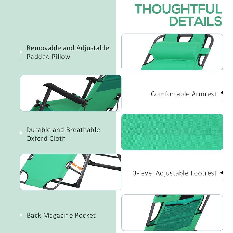 2-in-1 Foldable Sun Lounger Camping Chair with Adjustable Backrest, Headrest and Pocket for Poolside Patio