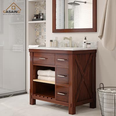 CASAINC 36"48"60" Freestanding Bathroom Vanity in Traditional Brown with Sink and Carrara Marble Top