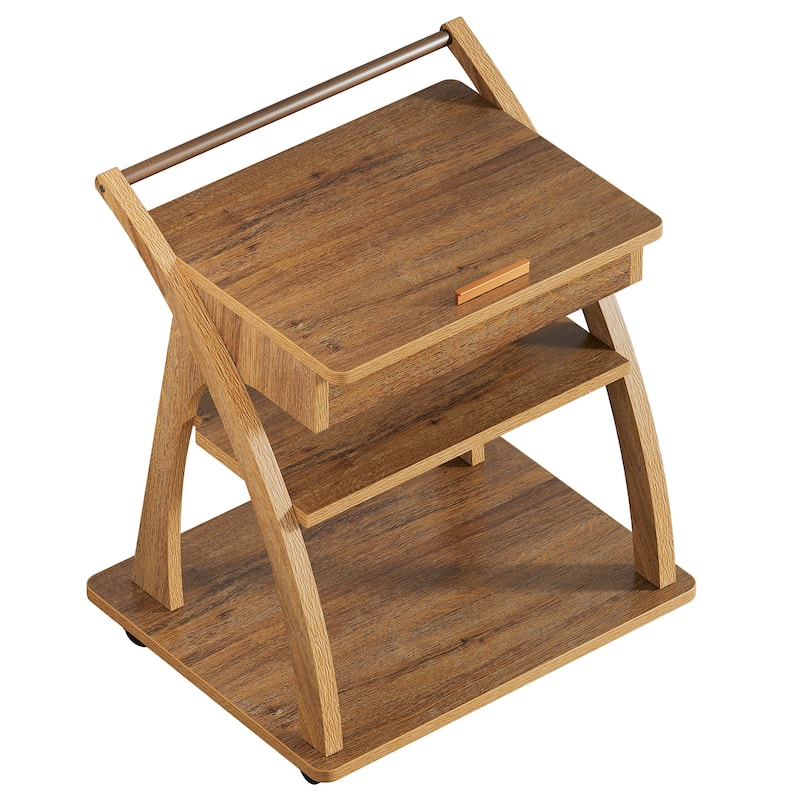 Side Table with Wheels, 3-Tier End Table with Adjustable Tabletop