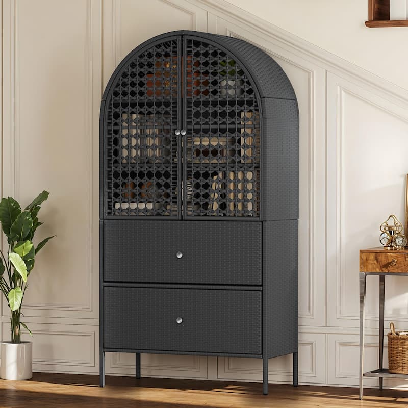 All-Weather 65" Tall Wicker Arched Kitchen Pantry Cabinet with 3 Shelves & 2 Drawers - Black