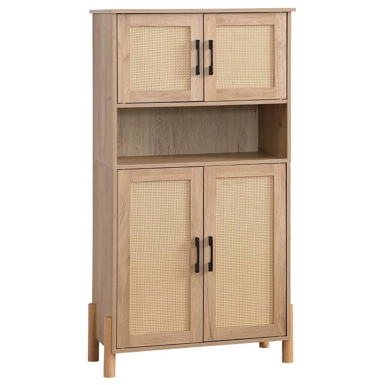 Mid-Century Modern 4-Door Storage Cabinet with Woven Rattan Doors & Adjustable Shelves - Perfect for Living Room & Dining Room
