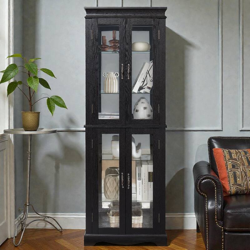 Lighted Glass Curio Display Cabinet with Wood Frame, 6-Tier Storage for Wine, Collectibles and Toys, Light Bulb Included - Black