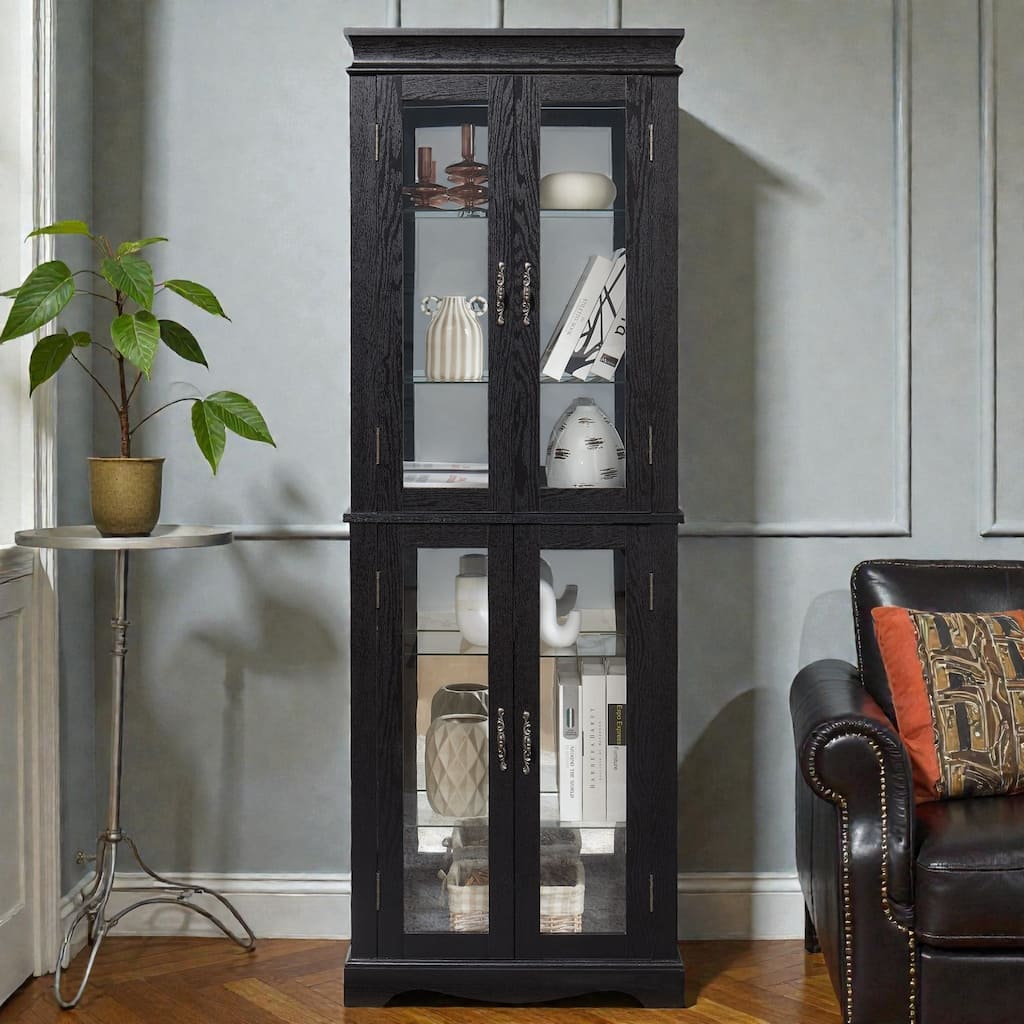 Lighted Glass Curio Display Cabinet with Wood Frame, 6-Tier Storage for Wine, Collectibles and Toys, Light Bulb Included