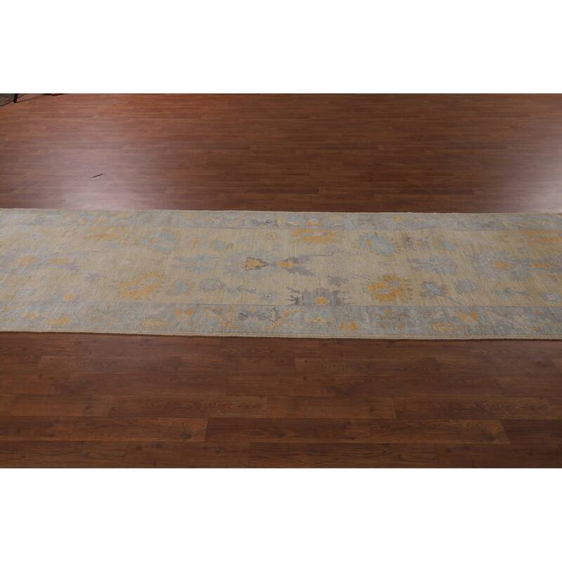 Oushak Vegetable Dye Runner Rug Hand-Knotted Wool Carpet - 3'1"x 11'6"