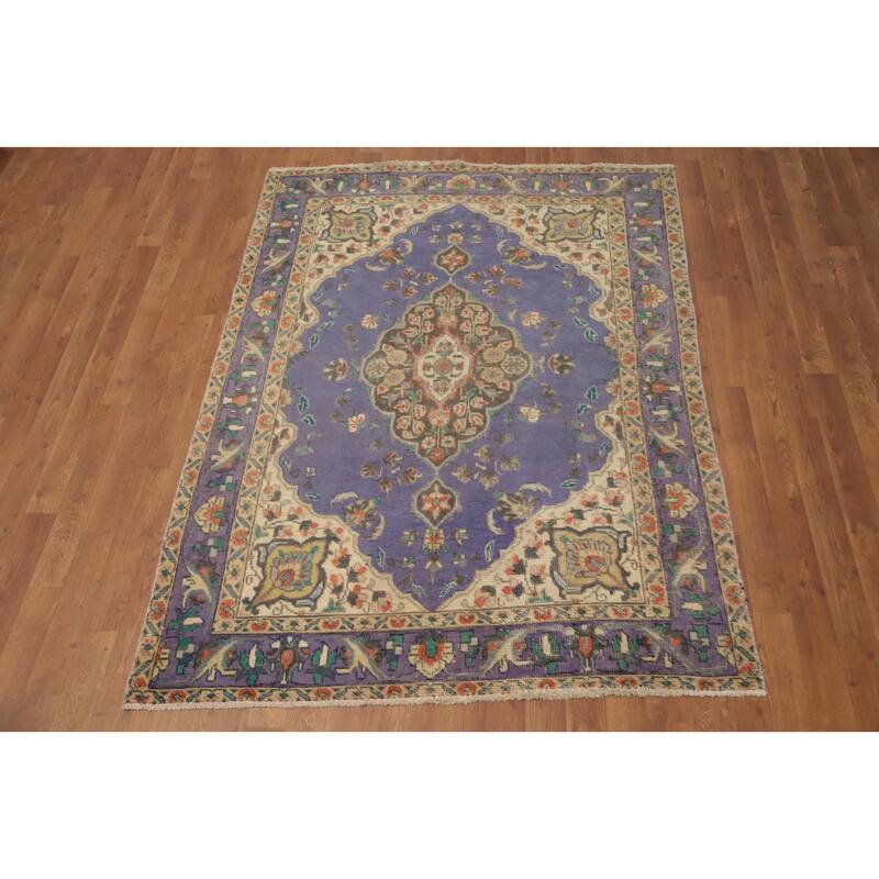 Hand Knotted Oriental 100% Wool Carpet Traditional Floral Purples Tabriz Area Rug - 6' 0'' X 4' 6''