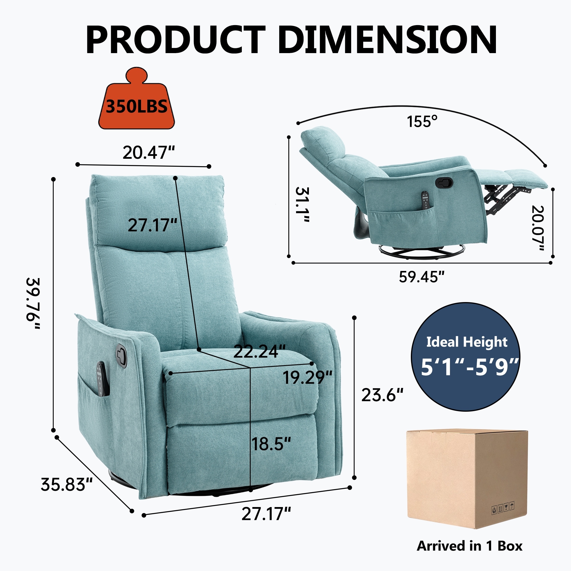 Manual Recliner Chair with Heat & Massage, Fabric Upholstered Glider Recliner, Swivel Recliner Chair with Side Pockets
